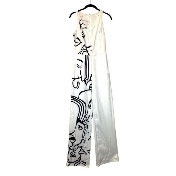 NWT Summer Street Sleeveless Faces Print V-neck Jumpsuit White Small - Picture 1 of 4